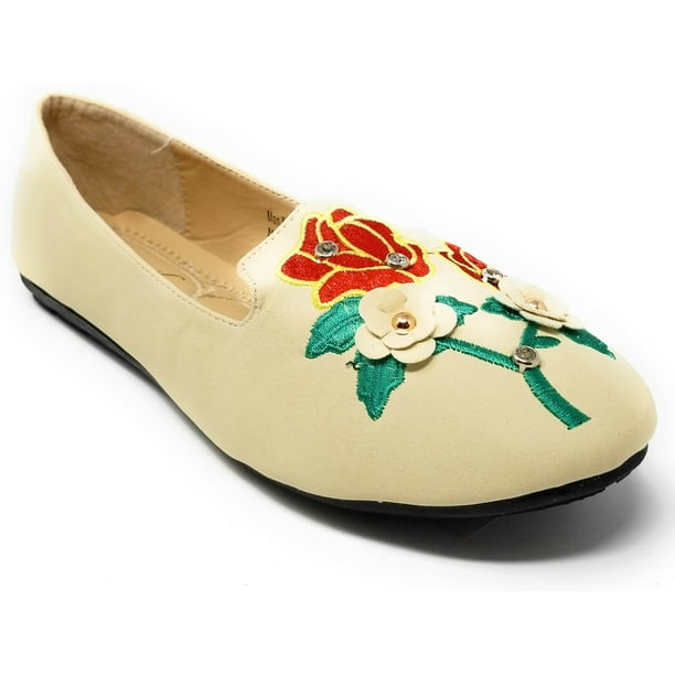 Women Beige Ballerina Ballet Flats Shoes w/Floral Embroidery Size 6.5 